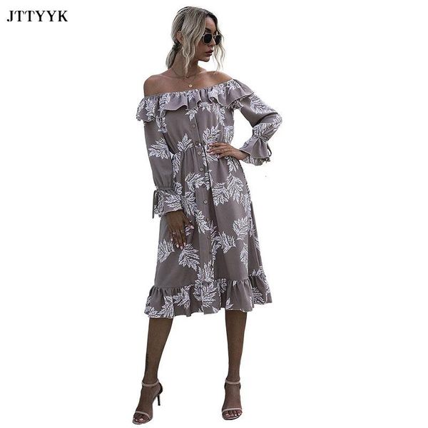 

casual dresses 2021 women's party dress ruffle printed buttons elegant long sleeve for prom night ladies clothes, Black;gray