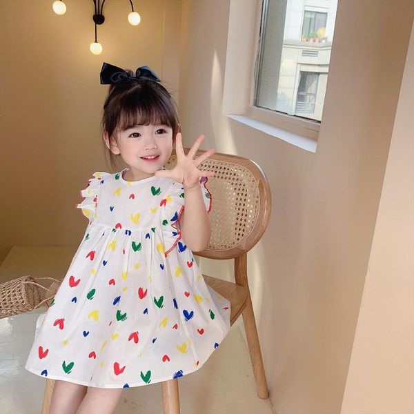 

2 7y sweet toddler girl dresses baby girls colorful hearts print fly sleeve loose casual clothes summer kids sundress, Red;yellow