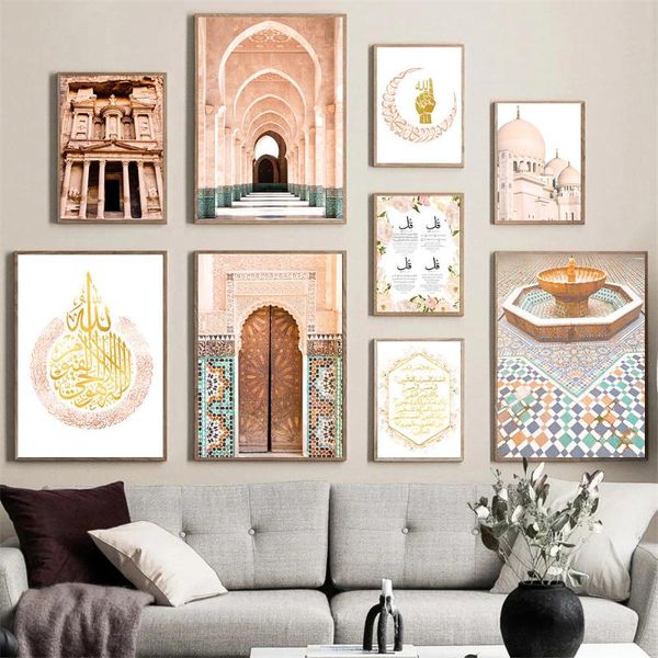 

paintings gold arabic canvas poster vintage morocco building art painting islamic quran wall print pictures muslim living room decor