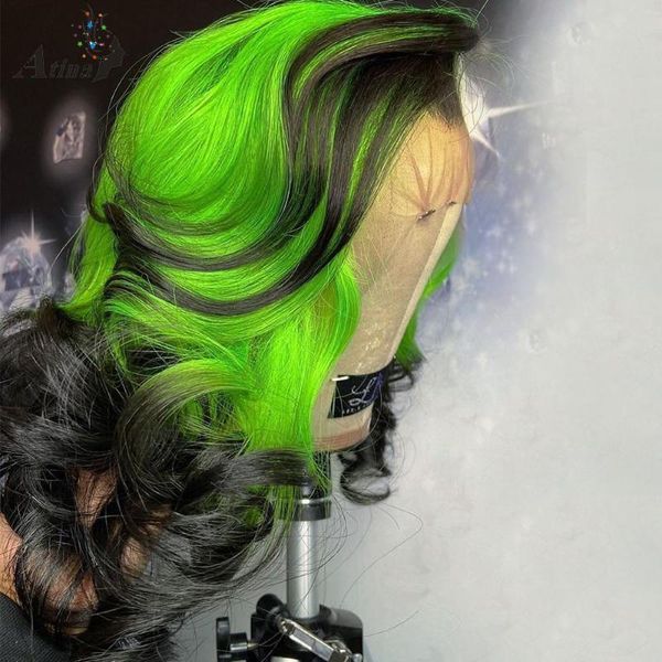 

lace wigs ombre green transparent wig 13x6 t part short water wave front human brazilian hair hd, Black;brown