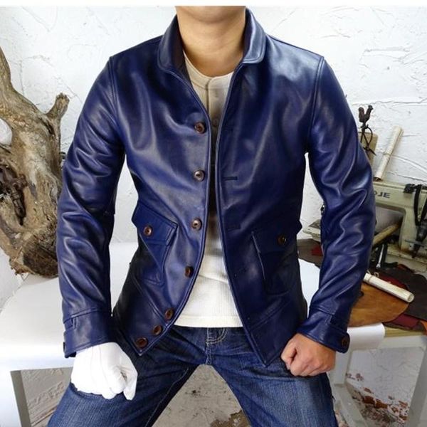 

men's leather & faux 2021 blue men american classic 1920s jacket single breasted plus size xxxxl genuine cowhide winter slim fit coat, Black