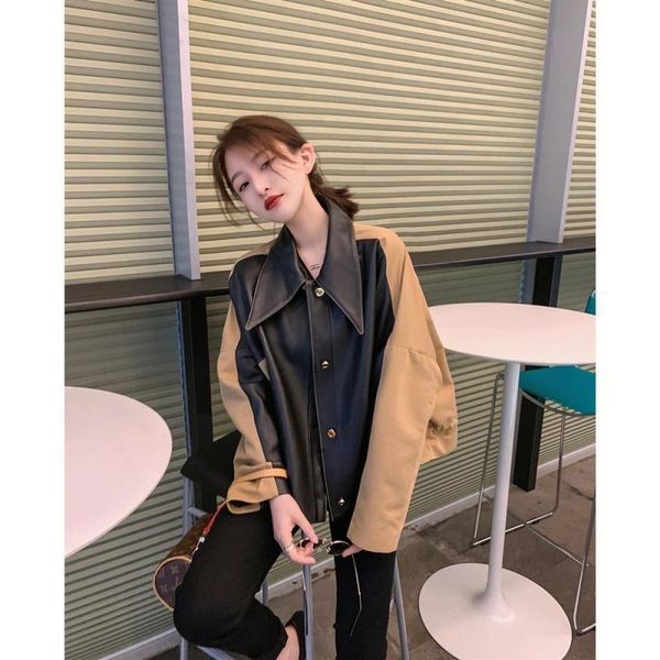 

sheep skin color contrast double match versatile short fried street cool girl leather clothes 2021 autumn new style sense coat women, Black