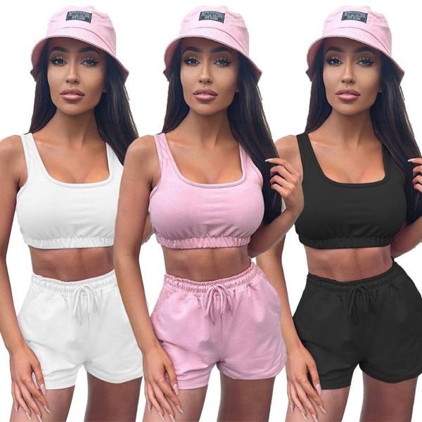 

women's two piece pants solid color vest sportswear in europe and america, White