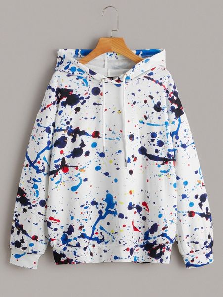 

splash ink print drop shoulder drawstring hoodie n4dc#, White;black