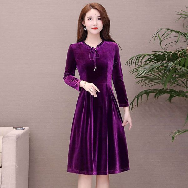 

golden velvet cheongsam dress autumn temperament women's long sleeve large a-line bottom skirt, Black;gray
