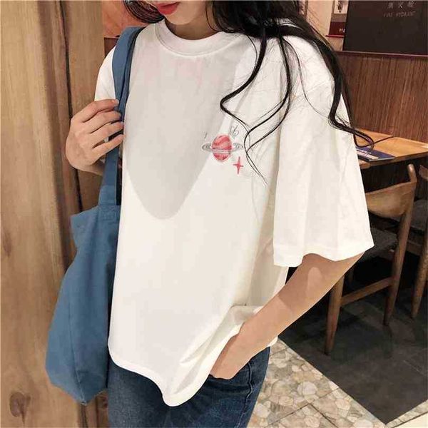

female embroidery stars high street oversize plus chic gentle women cotton short sleeves t-shirts 210525, White