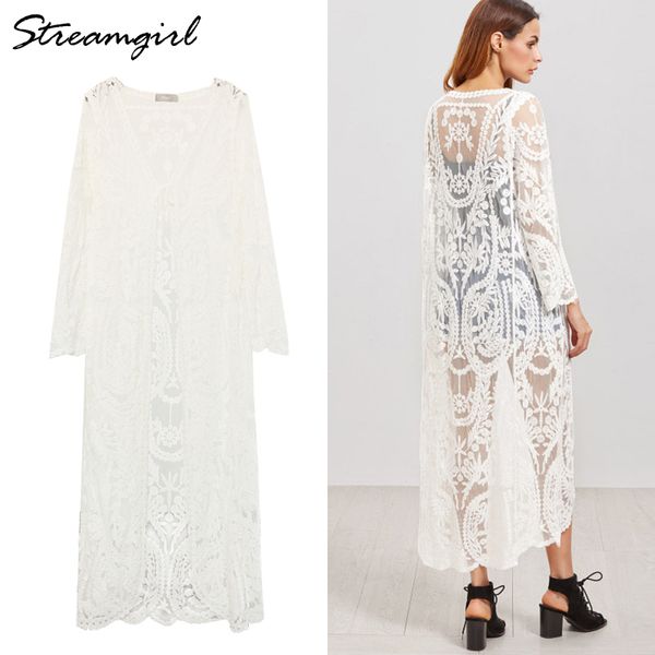 Streamgirl Cardigan lungo da donna Summer Oversize Cardigan in pizzo da spiaggia a maniche lunghe Cardigan da kimono casual femminile bianco Estate 210421