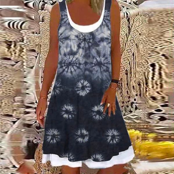 

casual dresses ladies summer dress tie dye floral printed sleeveless u-neck a-line short loose women plus size beach, Black;gray