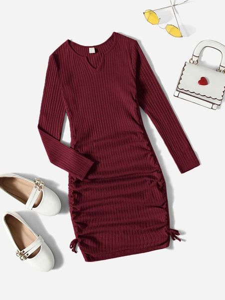 

girls solid notched drawstring dress she, Red;yellow