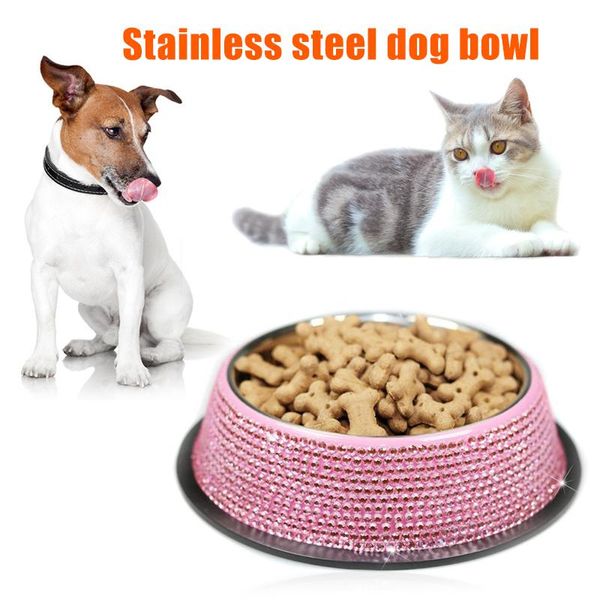 

crystal pet bowl stainless steel rhinestone inlaid dog cat water ye- bowls & feeders