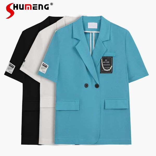 

women's suits & blazers casual thin suit collar jacket for women 2021 loose slimming blazer woman fashion short sleeve straight female, White;black