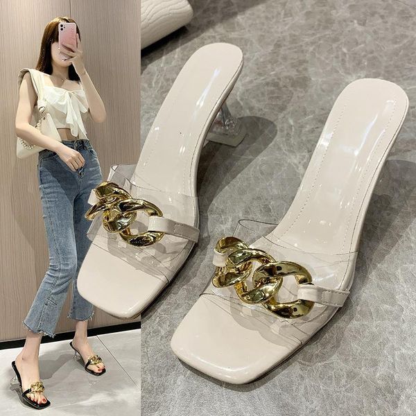 

dress shoes women fashion casual pvc high heels sandals ladies transparent party slippers females outdoor square toe chain spring, Black