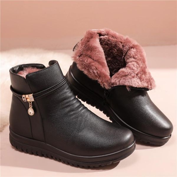 

boots 2021 winter sneakers women shoes woman genuine leather flat ankle ladies warm casual non-slip snow mother, Black