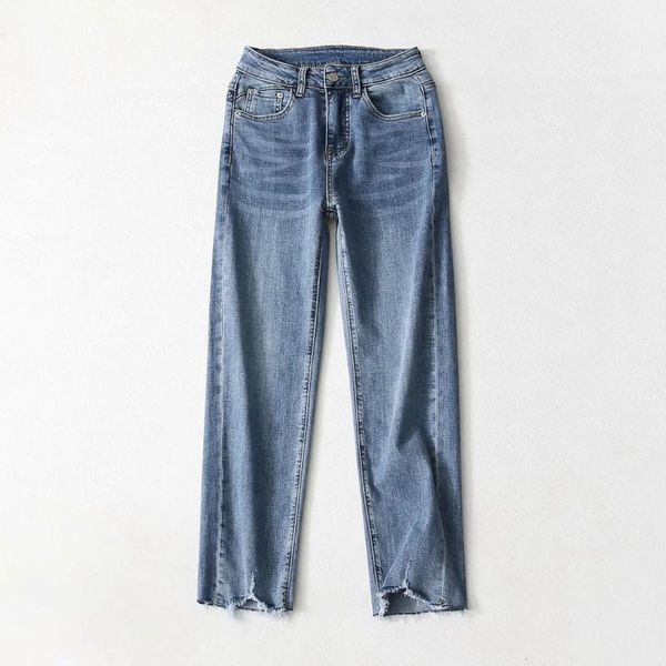 

women's jeans 2021 spring high waist pants foot burrs washed blue stretch slimming straight trousers