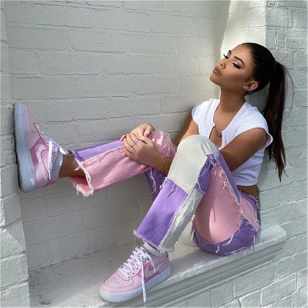 

womens panelled slim jeans fashion trend high waist street wear hip hop straight denim trousers female patchwork casual wild thin jean pants, Blue