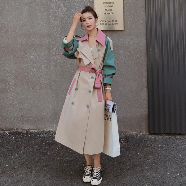 

women's trench coats brand fashion lady coat double-breasted with belt patchwork design oversize duster women outerwear spring autumn, Tan;black
