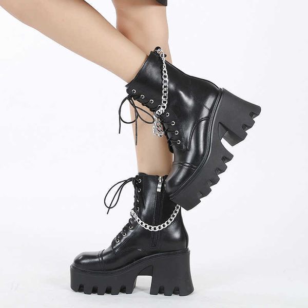 

2021 chain thick bottom british style black martin boots women punk motorcycle