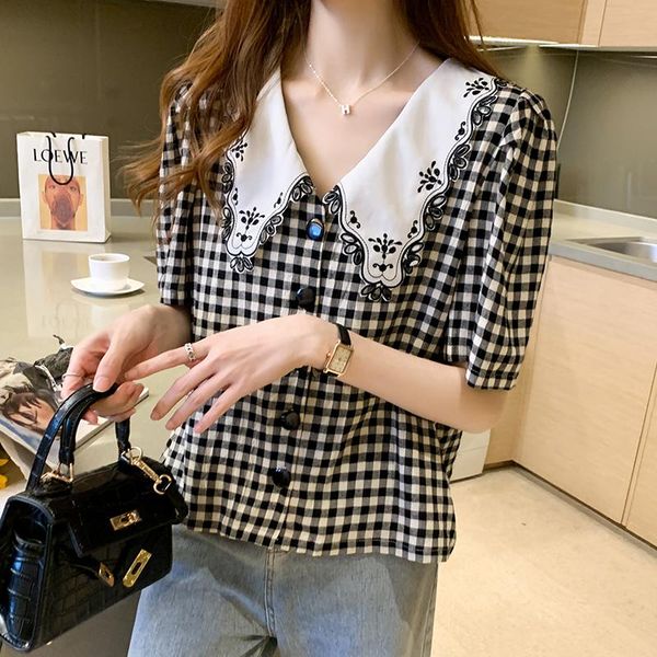 

short sleeve shirt womens summer women shirts white grid 559 women's blouses &