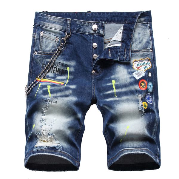 

men painted denim shorts jeans summer pocket big size casual distressed holes slim fit men's short pants trousers dy1123, Blue