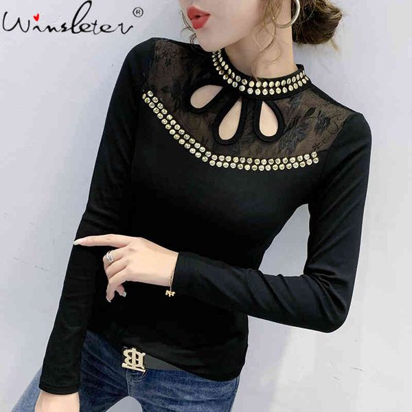 

women's t-shirt spring fall european clothes chic hollow out rivet women cotton ropa mujer long sleeve bottoming tees t0, White