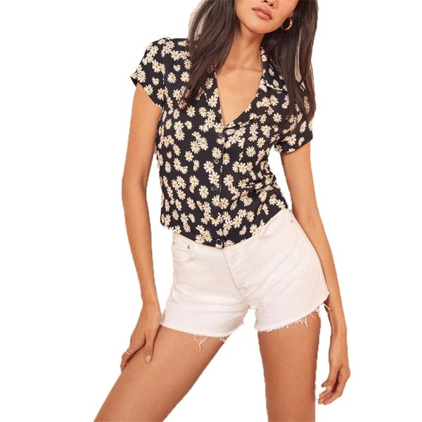 

summer women's shirt casual flower print suit collar short sleeve 210430, White