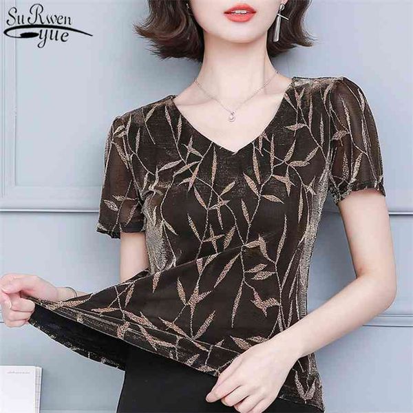 

summer gold short sleeve elastic v neck shirt womens pullover blusas mujer print oversized women shirts casual 10363 210510, White