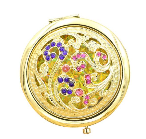 

2021 retro vintage gold metal pocket mirror compact cosmetic retro mirrors crystal studded portable makeup beauty tools