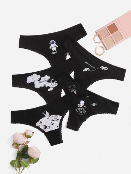 

5pack plus astronaut print panty set j4aa#, Black;white