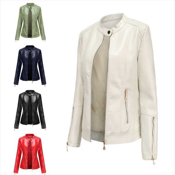 

women's leather & faux fashion 2021 short pu jacket women zipper spring autumn coat long sleeve slim casual stand collar, Black