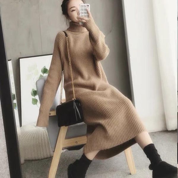 

casual dresses turtleneck knitted sweater dress ladies fall winter elastic cashmere bottoming shirt midlength over the knee thick, Black;gray