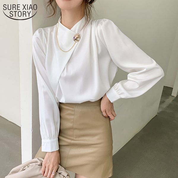 

office lady stand collar solid shirts women elegant chiffon blouse and puff sleeve female clothing 13105 210508, White