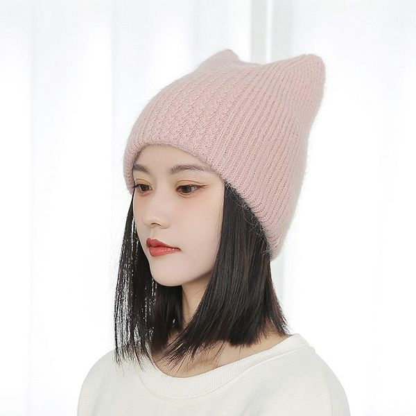 

beanies 2021 knitted hat ladies winter thickened warm fur wool cute cat ears cap