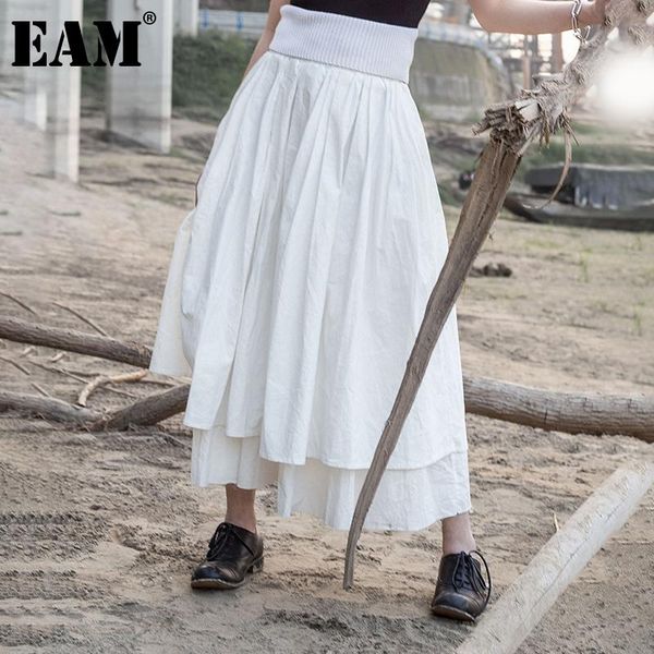 

skirts [eam] high elastic waist white asymmetrical double layers half-body skirt women fashion tide spring autumn 2021 jr384, Black