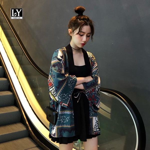 

women's knits & tees ly varey lin 2021 spring autumn loose vintage chiffon cardigan japanese style three quarter printing ladies casual, White