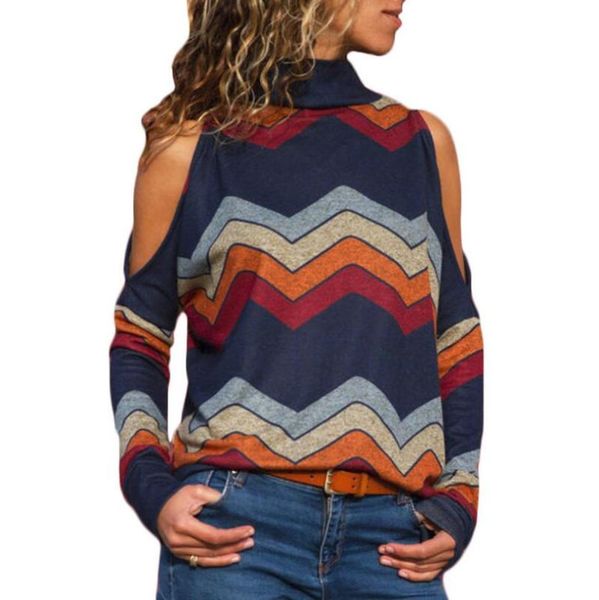 

women's t-shirt 2021 geometric print high collar strapless long-sleeved knit women spring and autumn rainbow pattern pullover, White