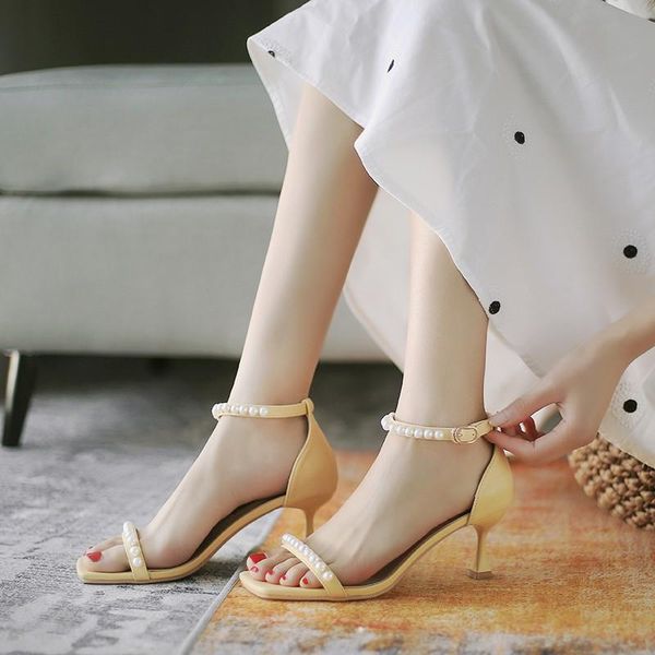 

sandals 2021 summer pearl black shoes for women clear heels buckle strap beige fashion high low comfort girls stiletto scandals