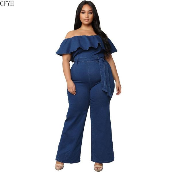 

women's jumpsuits & rompers plus size 4xl back zip slash neck jumpsuit summer ruffle spliced straight romper women fashion denim overal, Black;white