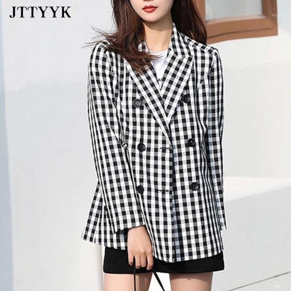 

double breasted blazer oversize female office suit casual plaid jacket ladies elegant coat women's spring short suits & blazers, White;black