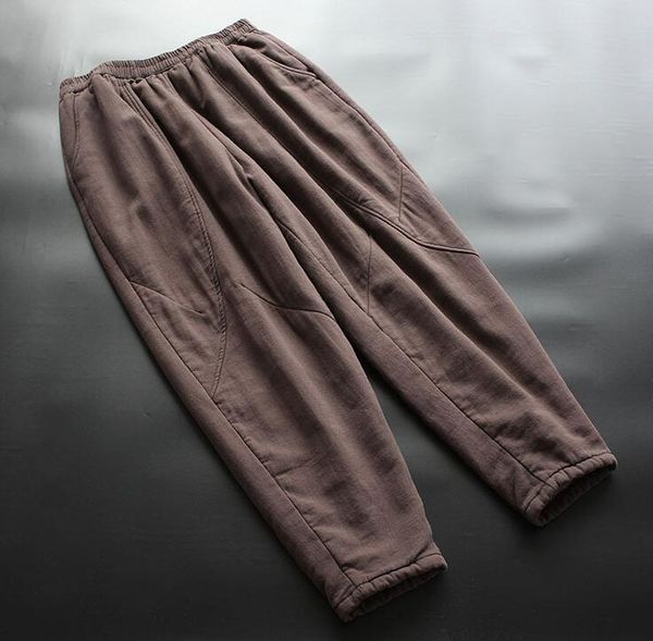 

cotton linen 2021 winter solid color retro casual elastic waist padded pockets loose fashion warm harem trousers women's pants & capris, Black;white
