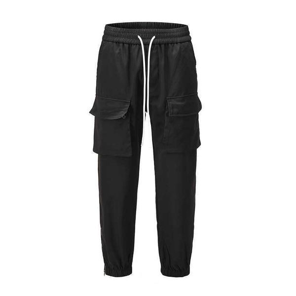 

men's pants high street dark multi bag pocket guard elastic pants leg zipper leggings, Black