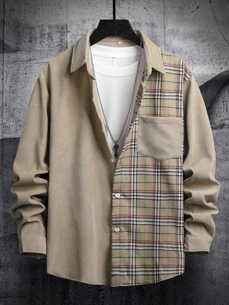 

men plaid panel corduroy shirt without tee p3w4#, White;black