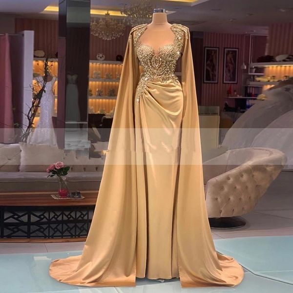 Abiti da sera formali in oro di lusso con maniche lunghe in rilievo di cristallo del capo increspato Robe de mari￩e Mermaid Prom Party Gowns