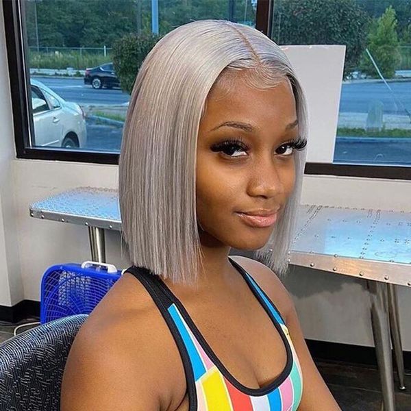 

lace wigs grey human hair wig cosplay silver gray short bob natural part brazilian remy for women pre plucked, Black;brown