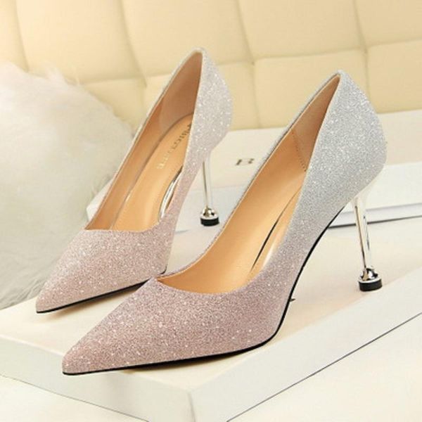 

dress shoes spring and autumn ladies fashion high heels shiny gradient stiletto shallow mouth pointed women's korean version, Black
