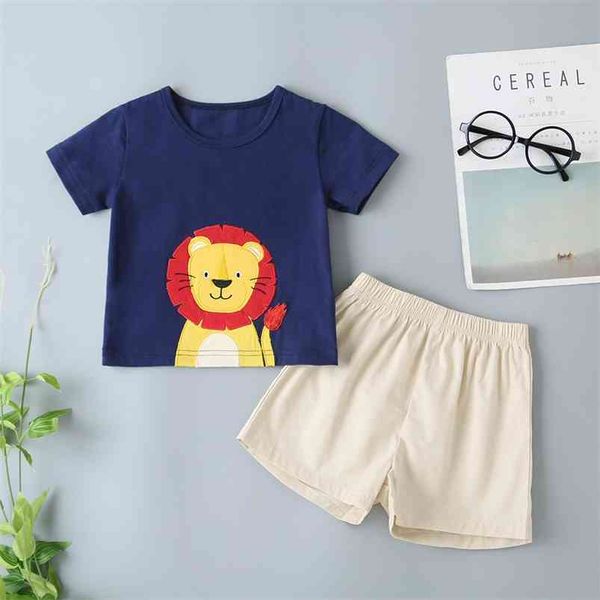 

summer children sets casual cute short sleeve o neck print lion t-shirt apricot shorts boy clothes 2t-6t 210629, White