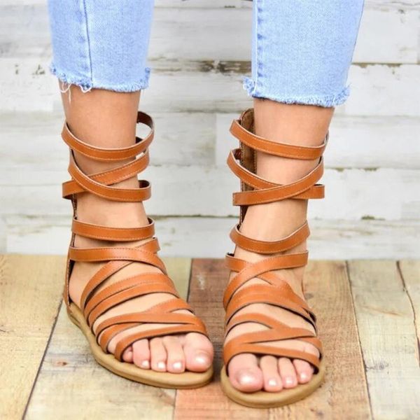 

summer gladiator women flat sandals retro fashion flats low-heeled open toe zipper beach shoes ladies roman, Black