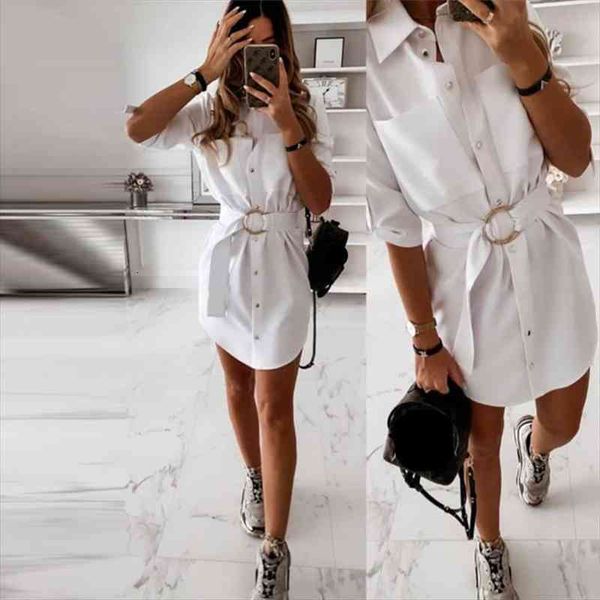 

casual pocket sashes straight dress women half sleeve turn down collar office lady shirt dress mini summer, Black;gray
