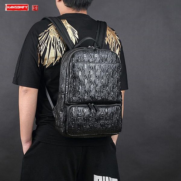 

backpack cowhide leather men large capacity black crocodile pattern outdoor travel backpacks 15.6 inch lapbags tide brand