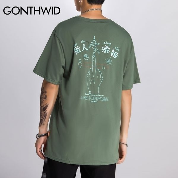 Gonthwid Chineses Caracteres Meio Dedo Imprimir Streetwear Tshirts Hip Hop Hipster Casual Manga Curta Punk Rock Tees Shirts Homens 210410