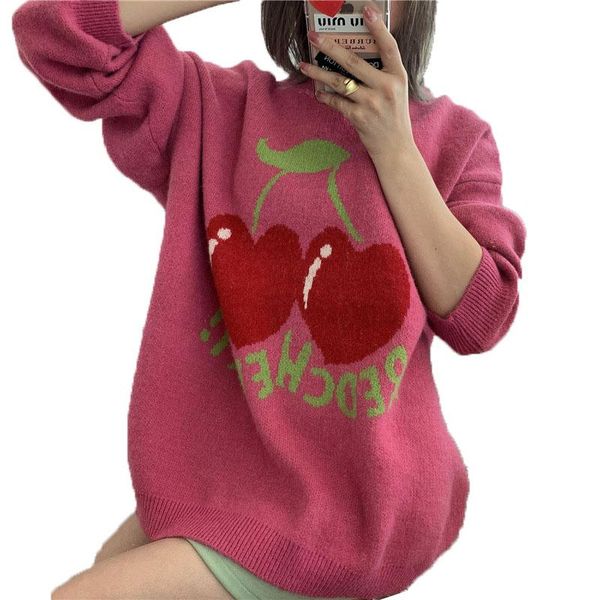 

women's sweaters casual ladies sweater jumper round neck cherry jacquard knitted pullover spring autumn oversized coat female w150, White;black